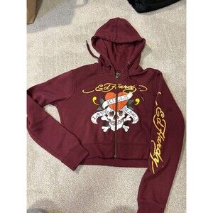 Ed Hardy Love Kills Slowly Zip Hoodie Women’s L Y2K Cropped Skull Heart Burgundy